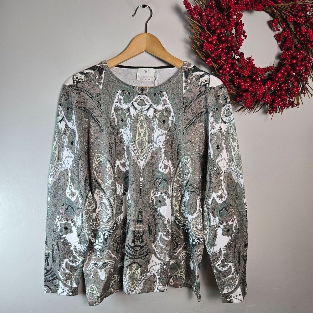 Edinburgh Knit Wear Womens Paisley Crew Knit Top XTRA-LARGE Gray Pima Cotton